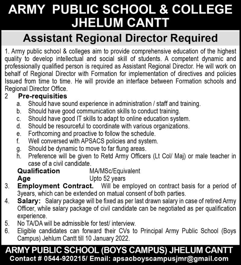Army Public School & College Jhelum Cantt Jobs 2022