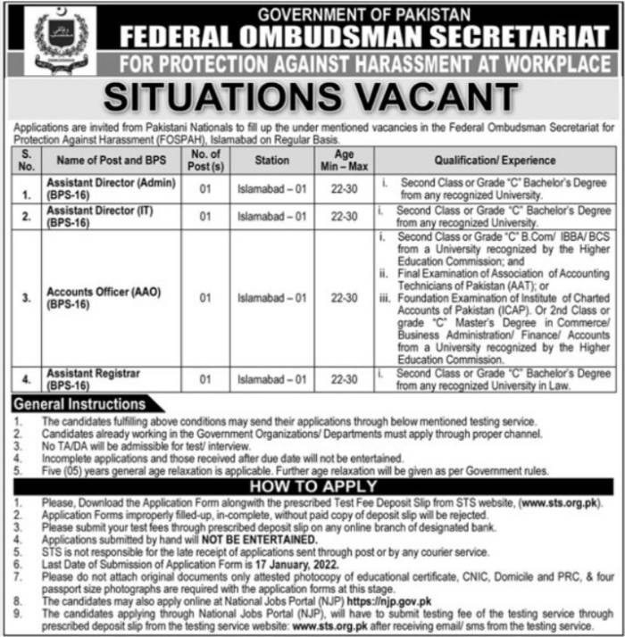 Federal Ombudsman Secretariat Islamabad Jobs 2022