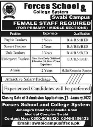 Forces School and College System FSCS Jobs 2022