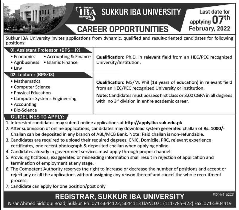 IBA University Sukkur Jobs 2022