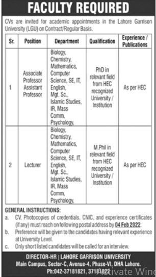 Lahore Garrison University LGU Jobs 2022