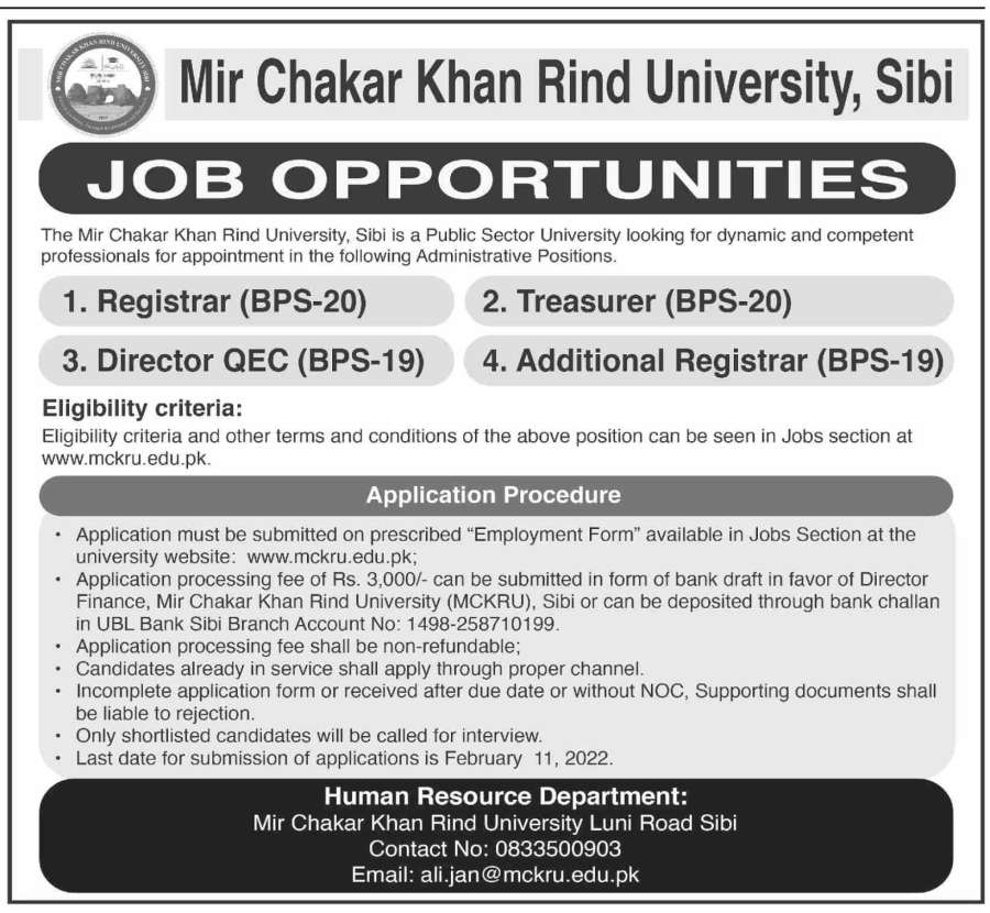 Mir Chakar Khan Rind University Jobs 2022