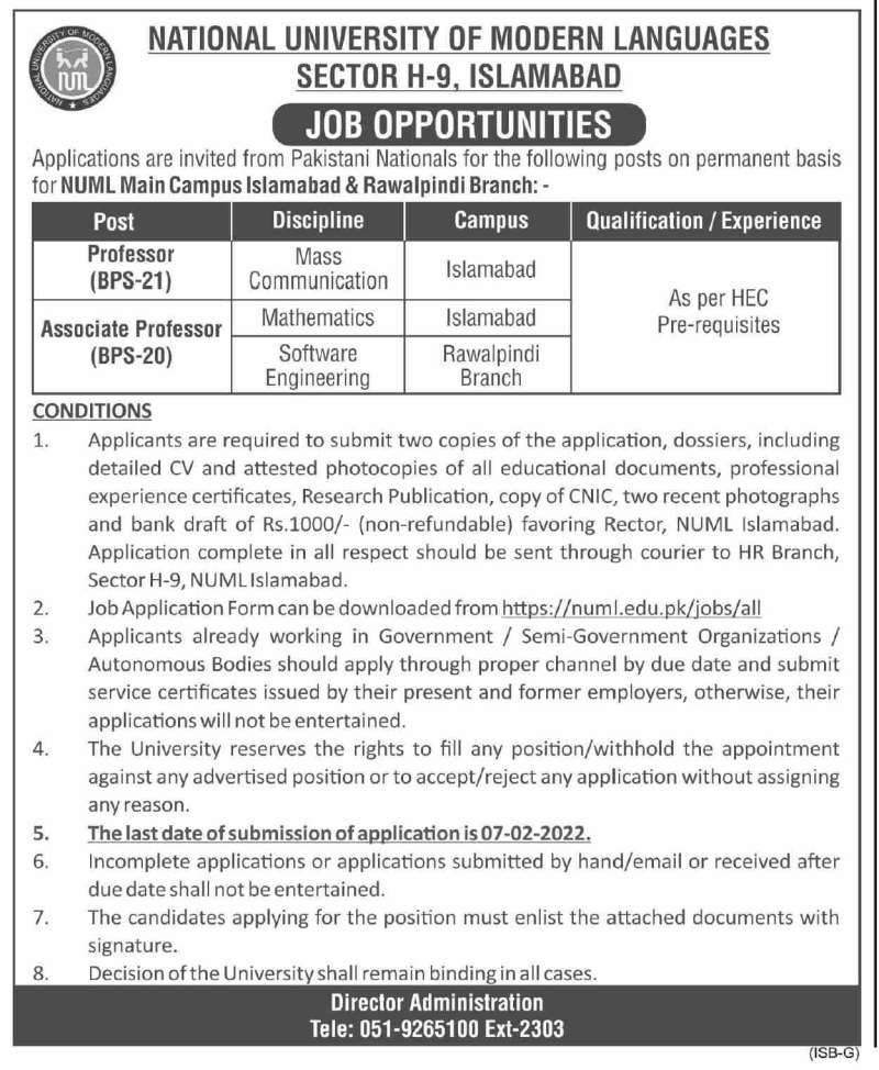 NUML Islamabad Jobs 2022
