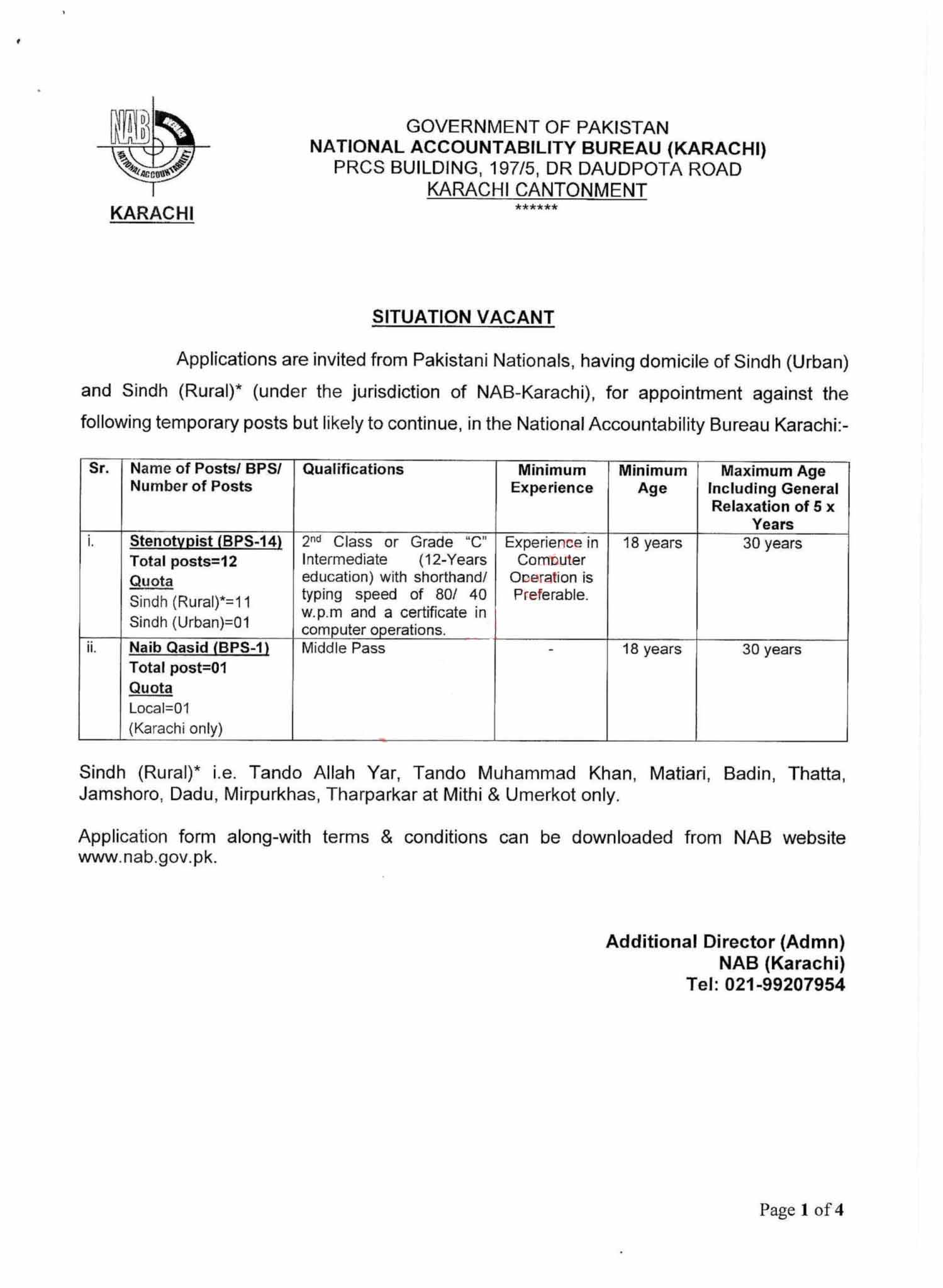 Naib Qasid Steno typist Jobs 2022 In National Accountability Bureau