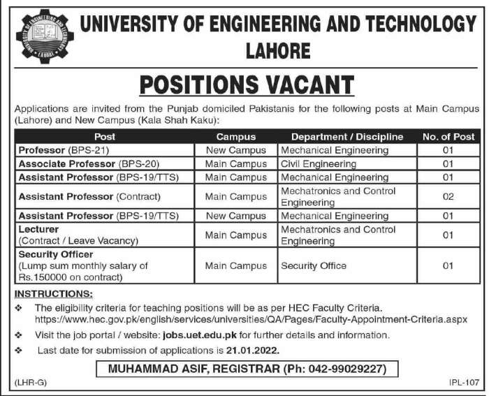 UET Lahore Jobs 2022