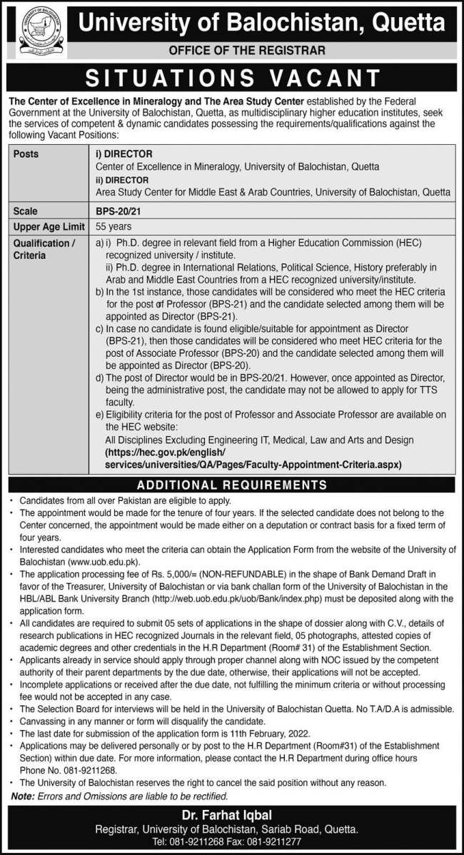 University of Balochistan Jobs 2022