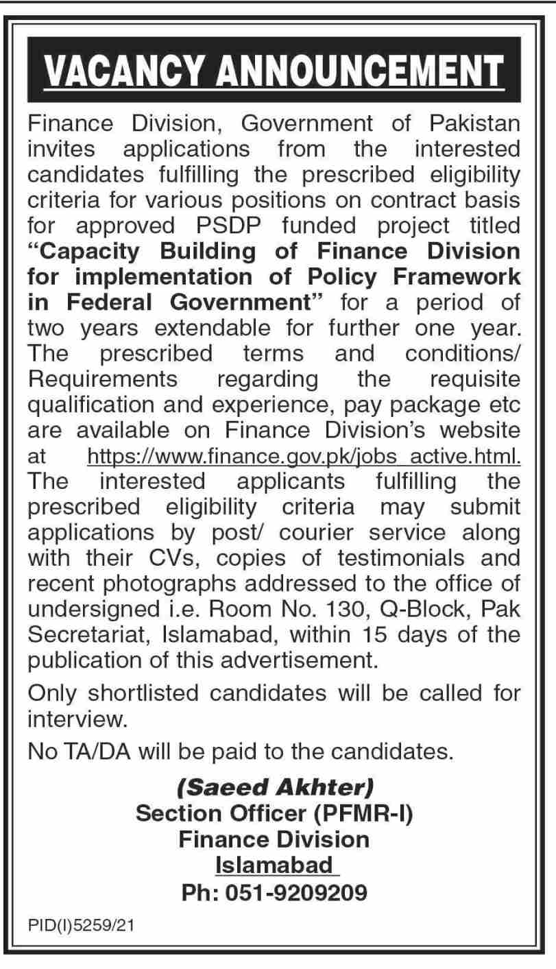 Finance Department Islamabad Jobs 2022