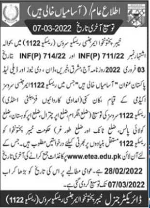 Khyber Pakhtunkhwa Rescue 1122 Jobs 2022