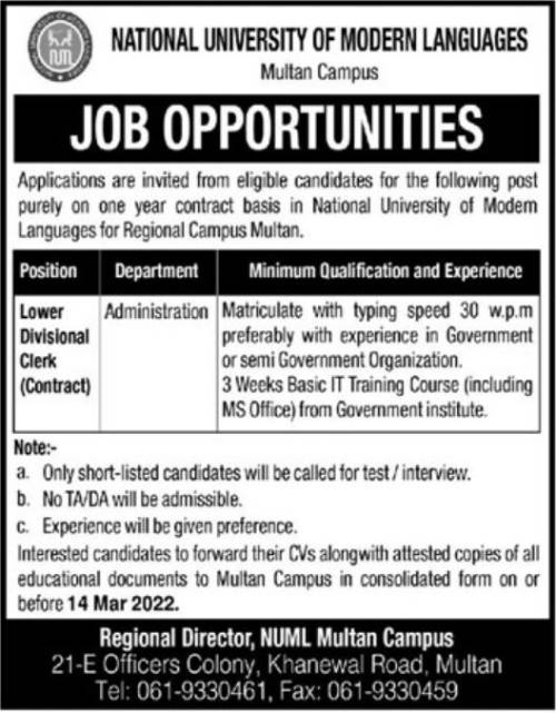 NUML Multan Campus Jobs 2022