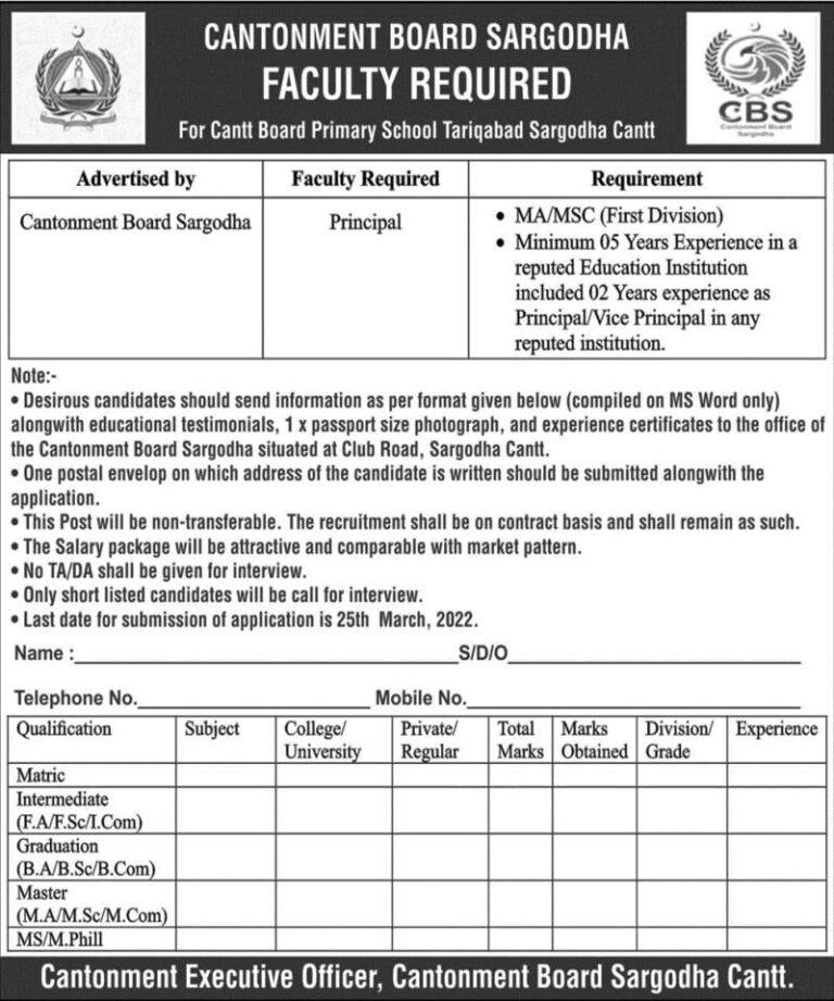 Principal Jobs 2022 in Cantt Board Primary School