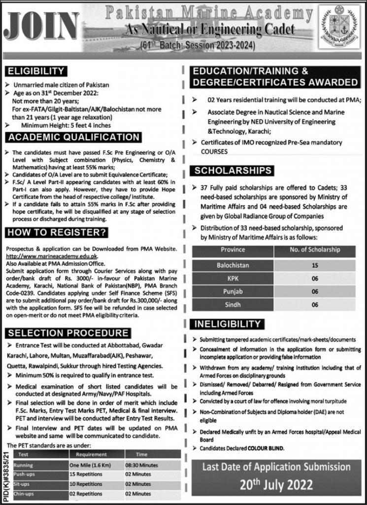 Join Pakistan Marine Academy Jobs 2022
