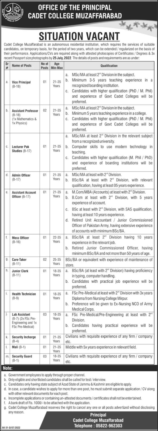 principal-and-health-technician-jobs-2022-in-cadet-college