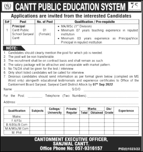 Cantt Public Education System Jobs 2022