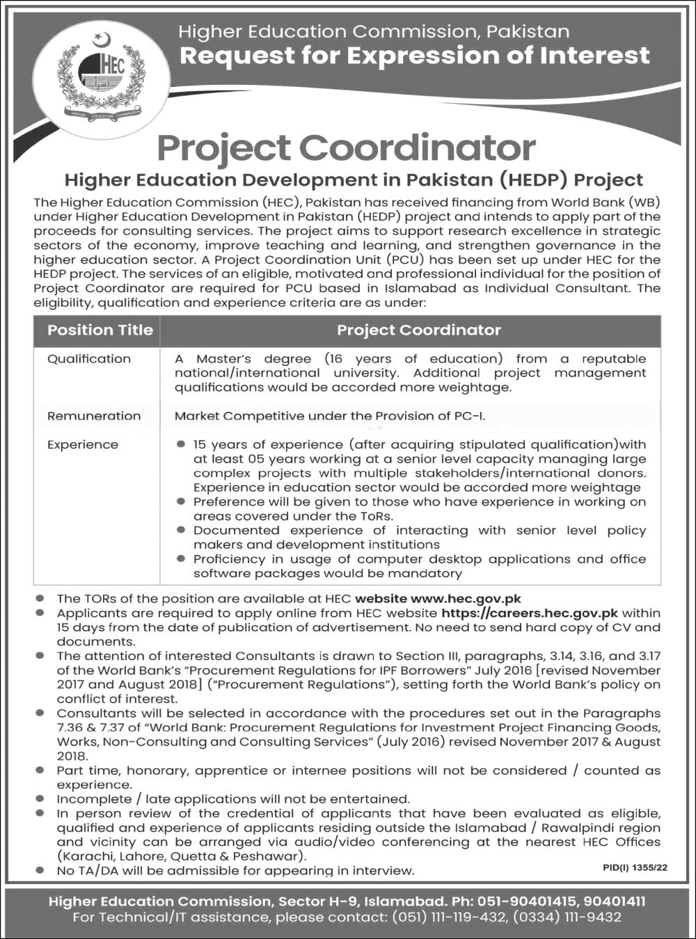 Project Coordinator Jobs 2022 In Higher Education Commission