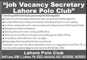 Lahore Polo Club Jobs 2022